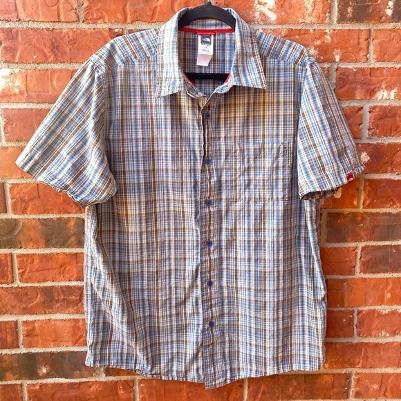 The North Face Mens Large Brown Blue Plaid Collar Button Down Short Sleeve Shirt - Picture 1 of 9